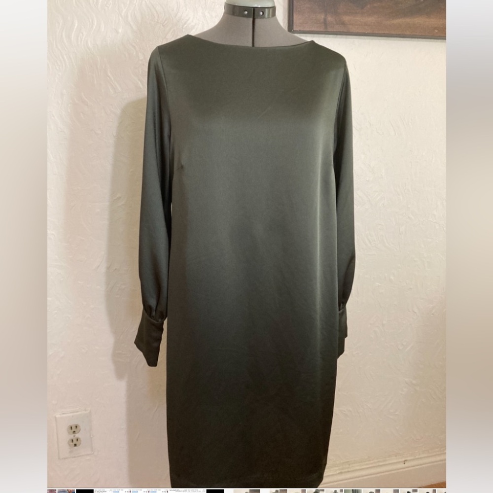 NWOT H&M  satin army green long detailed sleeve, pull on Dress size M.